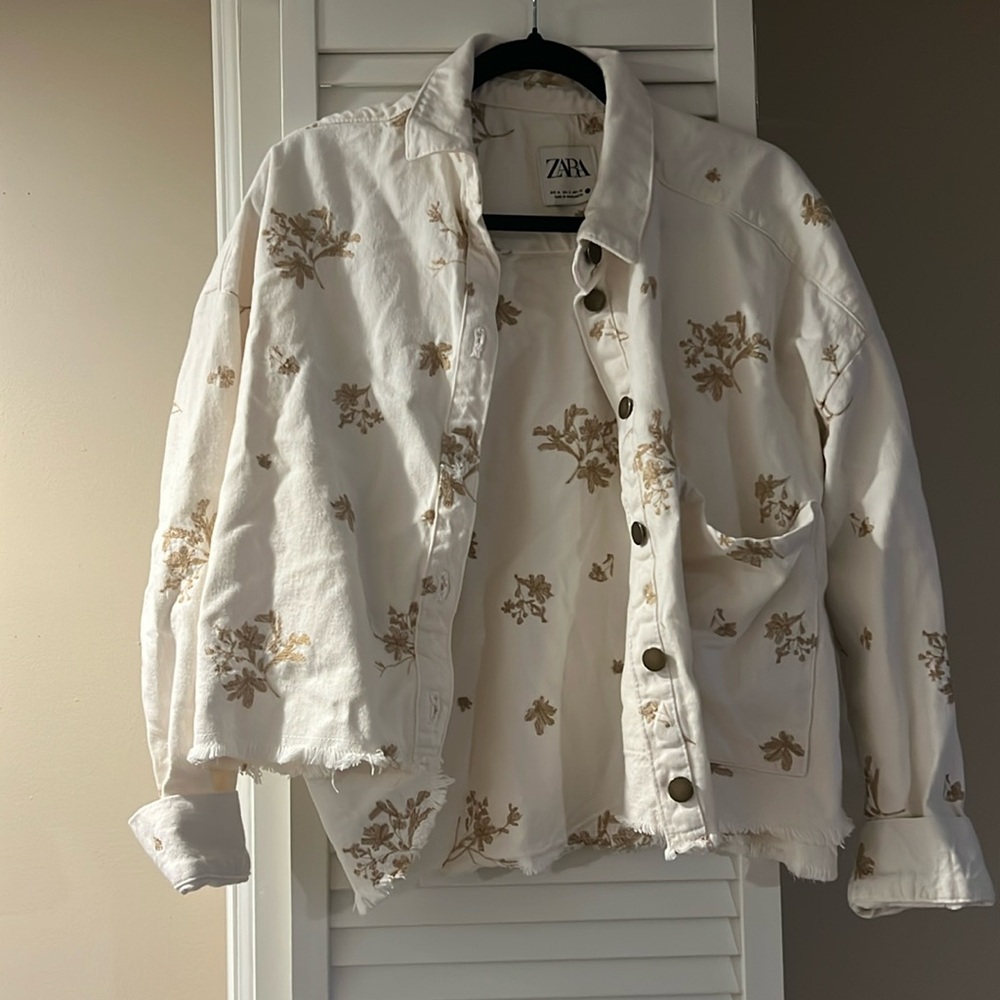 Embroidered cream denim jacket